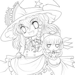 Rule 34 | 2girls, absurdres, bow, braid, chibi, cirno, fang, greyscale, hair bow, hat, highres, kirisame marisa, lineart, long hair, looking at viewer, monochrome, multiple girls, short hair, smile, touhou, transparent background, wings, witch, witch hat, yousei daisensou, yume shokunin