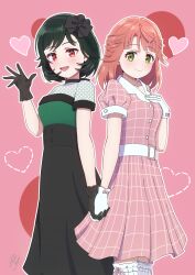Rule 34 | 2girls, absurdres, alternate hairstyle, back-to-back, black bow, black dress, black gloves, black hairband, bow, bow hairband, closed mouth, collarbone, commentary, dress, fang, gloves, green eyes, green hair, hairband, half updo, heart, highres, holding hands, ice compass0610, interlocked fingers, looking at viewer, love live!, love live! nijigasaki high school idol club, mifune shioriko, multiple girls, open mouth, pink background, pink dress, pink hair, plaid, plaid dress, puffy short sleeves, puffy sleeves, red eyes, short hair, short sleeves, smile, standing, symbol-only commentary, uehara ayumu, upper body, white gloves, yuri