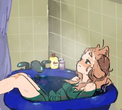 Rule 34 | 1girl, bathing, beep (sheepiu), breasts, brown hair, brown horns, curtains, feet out of frame, horns, long hair, nipples, nude, original, partially submerged, sheep girl, sheep horns, sheepiu, small breasts, solo, tile wall, tiles