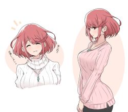 Rule 34 | 1girl, black pants, blush, breasts, closed eyes, closed mouth, commentary request, cowboy shot, cropped torso, earrings, highres, jewelry, looking at viewer, medium breasts, mochimochi (xseynao), multiple views, necklace, pants, parted lips, pink sweater, pyra (xenoblade), red eyes, red hair, ribbed sweater, short hair, simple background, smile, sweater, swept bangs, turtleneck, turtleneck sweater, white background, white sweater, xenoblade chronicles (series), xenoblade chronicles 2