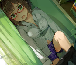 Rule 34 | 1girl, absurdres, blush, book, bookshelf, boxers, breasts, brown hair, cleavage, clothes pull, collarbone, collared shirt, commentary request, curtains, day, dot nose, dress shirt, dutch angle, fang, glasses, green eyes, highres, idolmaster, idolmaster cinderella girls, indoors, large breasts, long sleeves, looking at viewer, maekawa miku, male underwear, open mouth, pants, pants pull, partially unbuttoned, partially visible vulva, plaid boxers, print male underwear, purple boxers, purple male underwear, red-framed eyewear, seneto, shirt, short hair, skin fang, solo, standing, underwear, undressing, upshorts, white shirt