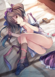 Rule 34 | 1girl, bed, bed sheet, black socks, blush, breasts, brown eyes, brown hair, cellphone, checkered clothes, checkered skirt, egg vibrator, expressionless, fal maro, hair ribbon, hat, highres, himekaidou hatate, holding, kneehighs, long hair, looking at viewer, lying, navel, nipples, on side, panties, pantyshot, phone, pillow, pouch, ribbon, sex toy, shameimaru aya, skirt, small breasts, socks, solo, thumb sucking, tokin hat, touhou, twintails, underwear, upskirt, vibrator, white panties