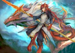 Rule 34 | 1boy, blue sky, dragon, dragon boy, full body, haku (shirogane), highres, holding, holding polearm, holding spear, holding weapon, horns, lizard tail, long hair, looking at viewer, male focus, outdoors, pixiv fantasia, pixiv fantasia last saga, pointy ears, polearm, red hair, sky, solo, spear, standing, tail, very long hair, weapon
