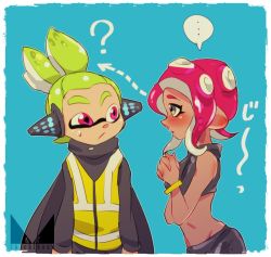 Rule 34 | ..., 1boy, 1girl, ?, agent 3 (splatoon), agent 8 (splatoon), arrow (symbol), black eyes, black shirt, blouse, blue background, blush, bracelet, chichi band, closed mouth, commentary request, crop top, dark skin, from side, frown, green hair, headgear, inkling, inkling boy, inkling player character, interlocked fingers, jewelry, looking at viewer, midriff, nintendo, octoling, octoling girl, octoling player character, own hands together, pointy ears, purple eyes, red hair, shirt, short hair, splatoon (series), splatoon 2, splatoon 2: octo expansion, spoken ellipsis, squidbeak splatoon, standing, staring, tentacle hair, topknot, translated, upper body, vest, watermark, yellow vest