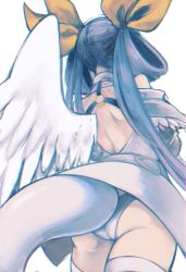 Rule 34 | 1girl, alternate costume, angel wings, ass, back, bare shoulders, belt, choker, dizzy (guilty gear), facing away, guilty gear, guilty gear xrd, hair ribbon, hair rings, highres, looking away, monster girl, o-ring, o-ring top, oeillet vie, panties, ribbon, simple background, single wing, solo, tail, thick thighs, thighhighs, thighs, twintails, underwear, white background, white panties, white wings, wings, yellow ribbon