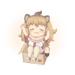 Rule 34 | 10s, 1girl, animal ears, arms up, artist name, bad id, bad pixiv id, beige legwear, blush, box, breasts, brown hair, cardboard box, chibi, closed eyes, commentary request, drooling, facing viewer, foreign blue, fur collar, gradient hair, in box, in container, japari symbol, kemono friends, large breasts, light brown hair, lion (kemono friends), lion ears, lion tail, long hair, mouth drool, multicolored hair, necktie, open mouth, pantyhose, plaid necktie, plaid neckwear, red necktie, shirt, shoes, short sleeves, sitting, sleepy, solo, tail, very long hair, white footwear, white shirt