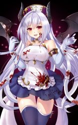 Rule 34 | 10s, 1girl, 2014, bad id, bad pixiv id, blood, blood on clothes, blood on face, bloody knife, blue gloves, blue skirt, blue thighhighs, collarbone, demon horns, demon wings, elbow gloves, felicia-val, gloves, highres, holding, holding knife, horns, knife, long hair, looking at viewer, open mouth, original, pleated skirt, red eyes, silver hair, skirt, solo, thighhighs, wings