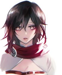 Rule 34 | 1girl, black hair, breasts, brown eyes, cleavage, ecru, gradient hair, hair between eyes, multicolored hair, parted lips, red hair, ruby rose, rwby, simple background, sketch, small breasts, solo, two-tone hair, upper body, white background