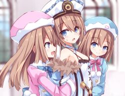 Rule 34 | 3girls, blanc (neptunia), blue bow, blue bowtie, blue coat, blush, bow, bowtie, breasts, buttons, coat, dress, from side, fur-trimmed coat, fur trim, hair between eyes, hat, himajin (starmine), long hair, looking at another, medium hair, multiple girls, neptune (series), pink bow, pink bowtie, pink coat, pom pom (clothes), ram (neptunia), rom (neptunia), short hair, siblings, sisters, small breasts, twins, very long hair, white coat, white dress