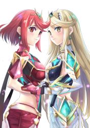 Rule 34 | 2girls, blonde hair, blush, breast press, breasts, cowboy shot, earrings, gloves, hair ornament, highres, hikari , holding hands, interlocked fingers, jewelry, large breasts, long hair, looking to the side, multiple girls, mythra (xenoblade), nintendo, pyra (xenoblade), red eyes, red hair, red shorts, short hair, shorts, sidelocks, smile, swept bangs, symmetrical docking, tiara, white background, xenoblade chronicles (series), xenoblade chronicles 2, yamagami mozuku, yellow eyes