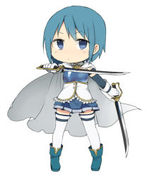Rule 34 | 10s, 1girl, blue eyes, blue hair, cape, chibi, gloves, looking at viewer, magical girl, mahou shoujo madoka magica, mahou shoujo madoka magica (anime), matching hair/eyes, miki sayaka, solo, standing, sword, thighhighs, tsuduya (knt31), weapon, white background, white gloves, white thighhighs