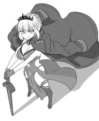 Rule 34 | 1girl, akitokage, artoria pendragon (alter swimsuit rider) (fate), artoria pendragon (fate), bare shoulders, braid, breasts, cleavage, clothing cutout, coat, coat on shoulders, dress, excalibur morgan (fate), fate/grand order, fate (series), french braid, full body, gloves, greyscale, hair bun, high heels, highres, large breasts, long hair, long sleeves, looking at viewer, monochrome, navel, navel cutout, open clothes, open coat, sidelocks, smile, solo, sword, thighhighs, tiara, weapon