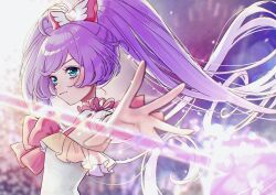 Rule 34 | 1girl, aqua eyes, blurry, blush, bow, closed mouth, foreshortening, hair bow, highres, long hair, looking at viewer, machiko (milk maciko), manaka laala, outstretched arm, pink bow, pretty series, pripara, purple hair, serious, solo, twintails, upper body, very long hair