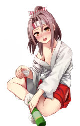 Rule 34 | 10s, 1girl, alcohol, blush, bottle, brown eyes, brown hair, collarbone, drunk, full body, hachimaki, headband, high ponytail, highres, indian style, japanese clothes, kantai collection, light brown hair, looking at viewer, off shoulder, open mouth, ponytail, qunqing, simple background, sitting, skirt, smile, socks, solo, white background, white socks, zuihou (kancolle)