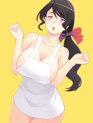 Rule 34 | 1girl, apron, black hair, blush, bow, breasts, brown hair, cleavage, forearms at chest, hair bow, housewife, huge breasts, large breasts, long hair, mature female, meow (nekodenki), naked apron, open mouth, original, purple eyes, simple background, solo, yellow background