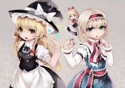 Rule 34 | 2girls, alice margatroid, apron, blonde hair, blue dress, blue eyes, bow, bowtie, braid, capelet, doll, dress, grey background, hair bow, hair ornament, hairband, hat, hat ribbon, kirisame marisa, long hair, long sleeves, looking at another, looking at viewer, multiple girls, open mouth, pointing, puffy sleeves, puppet strings, ribbon, sash, shanghai doll, shirt, short hair, short sleeves, side braid, single braid, skirt, skirt set, smile, star (symbol), tau (llltau), touhou, vest, waist apron, witch hat, yellow eyes