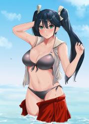 Rule 34 | 1girl, absurdres, aqua eyes, bikini, black bikini, blue eyes, blush, breasts, cleavage, closed mouth, cloud, day, hair between eyes, hair ribbon, hand in own hair, highres, isuzu (kancolle), jouzaburou (joe3), kantai collection, large breasts, long hair, looking at viewer, ocean, open clothes, open skirt, outdoors, red skirt, ribbon, sailor collar, skirt, sky, solo, swimsuit, twintails, wading, water, wet, white ribbon, white sailor collar
