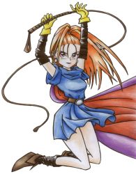 Rule 34 | 1girl, barbara (dq6), cape, dragon quest, dragon quest vi, dress, elbow gloves, female focus, forehead, gloves, high ponytail, kneeling, long hair, ponytail, purple eyes, red hair, solo, whip