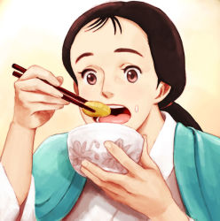 Rule 34 | 1girl, bad id, bad pixiv id, brown hair, commentary request, food, hair ornament, kusakabe yasuko, lafolie, long hair, open mouth, ponytail, simple background, solo, studio ghibli, takuan, tonari no totoro