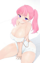 Rule 34 | 1girl, bare shoulders, blush, breasts, cleavage, covered erect nipples, dress, highres, large breasts, libre, looking at viewer, original, pink hair, puffy nipples, purple eyes, sitting, solo, strap slip, sweatdrop, twintails, white dress