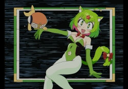 Rule 34 | 1boy, 1girl, animal ears, batrobin k, blush, bow, bowtie, breasts, cat ears, cat girl, cat tail, character request, cleavage, clothing cutout, elbow gloves, fang, gloves, green eyes, green gloves, green hair, green leotard, kemonomimi mode, keroro, keroro gunsou, kururu (keroro gunsou), large breasts, leotard, looking at viewer, navel cutout, open mouth, pantyhose, personification, red bow, red bowtie, short hair, smile, star-shaped pupils, star (symbol), symbol-shaped pupils, tail, white pantyhose