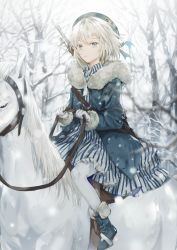 Rule 34 | 1girl, bad id, bad pixiv id, blue dress, boots, closed mouth, coat, commentary request, dangmill, day, dress, frills, fur boots, fur collar, fur trim, grey eyes, grey hair, gun, hat, horse, horseback riding, looking at viewer, open clothes, open coat, original, outdoors, pantyhose, revision, riding, rifle, skirt, snow, solo, striped clothes, striped dress, tsurime, weapon, white pantyhose, winter clothes