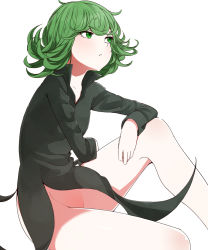 Rule 34 | 1girl, bare legs, bare shoulders, black dress, blush, breasts, closed mouth, commentary request, curly hair, dress, green eyes, green hair, hand on own knee, looking up, no panties, one-punch man, sente, simple background, sitting, small breasts, solo, tatsumaki, upper body, white background