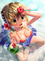 Rule 34 | 1girl, absurdres, bikini, blonde hair, blush, breasts, cleavage, coconut, decatiti oneesan, flower, flower on head, from above, hair ornament, hidamari sketch, highres, looking at viewer, medium breasts, miyako (hidamari sketch), open mouth, partially submerged, sitting, smile, solo, swimsuit, water, yellow eyes