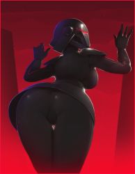 Rule 34 | 1girl, armor, ass, black armor, black gloves, breasts, commentary, cowboy shot, dark-skinned female, dark skin, english commentary, from behind, gloves, helmet, highres, justrube, large breasts, light particles, pantyhose, red background, second sister (star wars), shoulder armor, signature, skin tight, skirt, solo, star wars, star wars jedi: fallen order, thigh gap