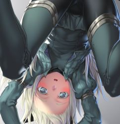 Rule 34 | 1girl, arms up, black pantyhose, blonde hair, blue eyes, commentary request, cropped jacket, from below, green jacket, green skirt, h kasei, jacket, kantai collection, long hair, long sleeves, looking at viewer, military, military uniform, miniskirt, open clothes, open jacket, open mouth, pantyhose, pleated skirt, puffy sleeves, skirt, solo, u-511 (kancolle), uniform, upper body, upside-down
