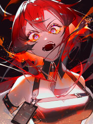 Rule 34 | 1girl, absurdres, angry, arknights, black bow, black shirt, blue eyes, bow, commentary request, demon girl, demon horns, detached collar, fire, flaming eyes, furittsu, highres, horns, id card, infection monitor (arknights), jacket, long hair, open clothes, open jacket, open mouth, red hair, shirt, shouting, simple background, slit pupils, solo, surtr (arknights), teeth, white jacket