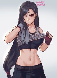 Rule 34 | 1girl, artist name, bare shoulders, belt, belt buckle, black belt, black hair, black skirt, black sports bra, buckle, clothes lift, collarbone, cowboy shot, crop top, earrings, final fantasy, final fantasy vii, final fantasy vii remake, fingerless gloves, gloves, gradient background, grey shirt, grey tank top, hands up, holding, holding towel, jewelry, kirby otaku, lifting own clothes, light blush, long hair, looking at viewer, midriff, navel, one eye closed, parted lips, pleated skirt, red eyes, red gloves, shirt, shirt lift, skirt, sleeveless, sleeveless shirt, solo, sports bra, sportswear, square enix, sweat, tank top, tifa lockhart, towel, very long hair