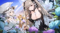 Rule 34 | 3girls, artist name, azur lane, bare shoulders, between breasts, black dress, blonde hair, blue eyes, blue sky, blush, breasts, cleavage, cloud, day, diffraction spikes, dress, earrings, elbow gloves, flower, formidable (azur lane), frilled dress, frills, gloves, grey hair, hair ornament, hair ribbon, hat, hydrangea, illustrious (azur lane), jewelry, lace trim, large breasts, laurel crown, leaning forward, lirica, long hair, long sleeves, looking at viewer, mole, mole under eye, multiple girls, nail polish, official art, open mouth, outdoors, rainbow, red eyes, ribbon, sky, smile, strapless, strapless dress, sun hat, twintails, very long hair, victorious (azur lane), water drop, white dress, white gloves, white hair, white headwear