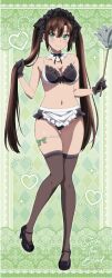 Rule 34 | 1girl, blush, breasts, brown hair, cleavage, collarbone, full body, gloves, green background, green eyes, highres, kirasaka sayaka, long hair, maid, medium breasts, navel, official art, pantyhose, revealing clothes, smile, solo, strike the blood, twintails, underwear