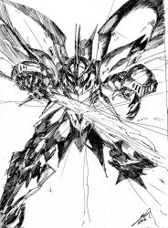 Rule 34 | commentary, cybuster, english commentary, greyscale, highres, holding, holding sword, holding weapon, ink (medium), looking at viewer, mecha, monochrome, no humans, open hand, pillar buster, robot, science fiction, sketch, solo, super robot wars, super robot wars original generation, sword, traditional media, weapon, white background