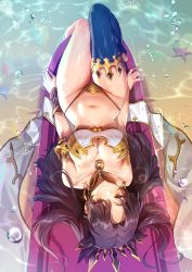 Rule 34 | 1girl, arms at sides, black hair, blue thighhighs, blush, breasts, cleavage, earrings, fate/grand order, fate (series), highleg, highleg panties, highres, hoop earrings, ishtar (fate), jewelry, large breasts, long hair, lying, midriff, muloli, navel, on back, outdoors, panties, red eyes, shiny skin, single thighhigh, smile, soaking feet, solo, starfish, thighhighs, underwear, upside-down, water, wet