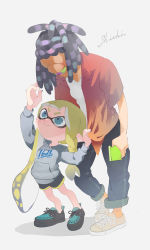 Rule 34 | 1boy, 1girl, aged up, aqua footwear, artist name, black pants, black shorts, blue eyes, blunt bangs, braid, breasts, domino mask, eye contact, grey hoodie, half-closed eye, height difference, highres, holding, holding phone, hood, hoodie, inkling, inkling girl, inkling player character, long hair, long sleeves, looking at another, looking down, looking up, mask, murch (splatoon), nintendo, one-eyed, pants, petite, phone, playing with another&#039;s hair, red shirt, shiohi, shirt, shirt grab, shoes, short sleeves, shorts, side braid, signature, small breasts, smile, sneakers, splatoon (series), splatoon 3, tentacle hair