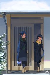 Rule 34 | 2girls, absurdres, alternate costume, alternate hairstyle, black coat, black hair, blue eyes, blue hair, boots, brown footwear, brown gloves, coat, commentary request, door, full body, fur-trimmed boots, fur trim, gloves, gradient hair, green eyes, green scarf, highres, kantai collection, laminar flow, long hair, multicolored hair, multiple girls, plaid, plaid scarf, ponytail, samidare (kancolle), scarf, signature, suzukaze (kancolle), swept bangs, very long hair, winter clothes, yellow scarf