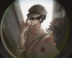 Rule 34 | 1boy, adjusting eyewear, aki4421, amon (lord of the mysteries), bag, black eyes, black hair, brown headwear, chinese commentary, commentary request, entrance, fingernails, flower, highres, holding, holding letter, indoors, letter, lord of the mysteries, male focus, monocle, parted lips, shaded face, shirt, short hair, smile, solo, suspenders, teeth, vase, white shirt