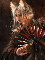Rule 34 | 1girl, animal ears, blue eyes, claws, dagger, facial mark, fantasy, forehead mark, fur, hand fan, highres, knife, lips, looking to the side, nixeu, original, solo, stance, weapon, white hair, wide sleeves, wind
