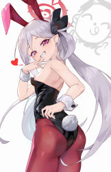 Rule 34 | 1girl, absurdres, animal ears, ass, black leotard, blue archive, breasts, cowboy shot, eason870408, fake animal ears, fake tail, flower, grey hair, grin, hair flower, hair ornament, halo, heart, highres, leotard, long hair, looking at viewer, mesugaki, mutsuki (blue archive), nipples, pantyhose, playboy bunny, purple eyes, rabbit ears, rabbit tail, red pantyhose, simple background, slit pupils, small breasts, smile, solo, tail, very long hair, white background, wrist cuffs