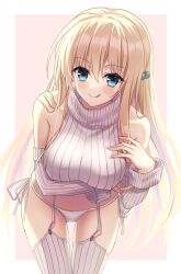 Rule 34 | 1girl, :p, arm under breasts, blonde hair, blue eyes, breasts, chief (sakura no kumo), cowboy shot, cuckoo ki, detached sleeves, garter straps, hair ornament, hand on own chest, highres, large breasts, leaning forward, long hair, looking at viewer, meme attire, panties, ribbed sweater, sakura no kumo scarlet no koi, side-tie panties, sidelocks, sleeveless, sleeveless turtleneck, smile, solo, sweater, thighhighs, tongue, tongue out, turtleneck, underwear, very long hair, virgin destroyer sweater