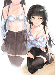 Rule 34 | 1girl, black hair, black skirt, black thighhighs, blush, bra, breasts, brown eyes, cleavage, closed mouth, collarbone, frown, highres, idolmaster, idolmaster shiny colors, long hair, long sleeves, looking at viewer, mayuzumi fuyuko, medium breasts, metallican, multiple views, navel, on one knee, open mouth, shirt, skirt, smile, thighhighs, two side up, underwear, undressing, white bra, white shirt