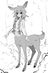 Rule 34 | 1girl, absurdres, animal ears, blush, braid, breasts, bush, centauroid, deer ears, deer girl, eds, embarrassed, female focus, full body, hair over breasts, highres, looking at viewer, messy hair, monochrome, monster girl, original, outdoors, sketch, small breasts, solo, taur, tree, twin braids