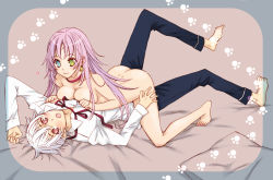 Rule 34 | 1boy, 1girl, :3, ass, bed, bed sheet, bell, blue eyes, breast press, breasts, brown eyes, cleavage, dimples of venus, earrings, green eyes, heterochromia, isana yashiro, jewelry, k-project, long hair, looking at another, medium breasts, neko (k-project), pillow, pink hair, school uniform, short hair, straddling, thick thighs, thighs, very long hair, white hair