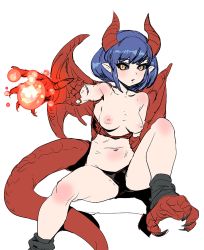 Rule 34 | 1girl, black panties, black sclera, blue hair, blush, bow (bhp), breasts, claws, colored sclera, dragon horns, dragon tail, dragon wings, horns, inverted nipples, leg warmers, looking at viewer, magic, medium breasts, medium hair, monster girl, navel, nipples, original, panties, parted lips, pointy ears, sharp toenails, simple background, sitting, slit pupils, solo, tail, talons, toenails, topless, underwear, white background, wings, yellow eyes
