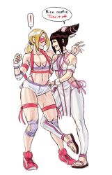 Rule 34 | !, 2girls, alternate costume, armband, bad id, bad tumblr id, black hair, blonde hair, breasts, capcom, crossover, diepod, drill hair, elbow pads, english text, grin, han juri, highres, hugging own legs, long hair, midriff, multiple girls, namco, nina williams, ponytail, purple eyes, sandals, shoes, short hair, short shorts, short twintails, shorts, smile, sneakers, sportswear, street fighter, street fighter iv (series), street fighter x tekken, sunglasses, tekken, twin drills, twintails, wrist cuffs, you gonna get raped, yuri