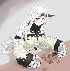 Rule 34 | 10s, 1girl, abyssal ship, bare shoulders, breasts, claws, closed mouth, colored skin, commentary, detached sleeves, dress, covered erect nipples, figure, flying sweatdrops, highres, holding, horns, kantai collection, large breasts, long hair, long sleeves, red eyes, ribbed dress, seaport princess, ship in a bottle, single horn, sitting, solo, sweatdrop, table, trembling, very long hair, viperxtr, white dress, white hair, white skin