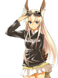 Rule 34 | 1girl, adjusting goggles, arm up, blonde hair, blue eyes, goggles, goggles on head, hanna-justina marseille, head wings, long hair, military, military uniform, sandwich (artist), skirt, smile, solo, strike witches, tail, tsuchii (ramakifrau), uniform, wings, witches of africa, world witches series