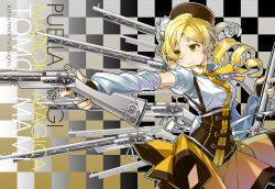 Rule 34 | 10s, 1girl, aiming, artist name, bad id, bad pixiv id, beret, blonde hair, character name, checkered background, copyright name, corset, detached sleeves, drill hair, fate (series), fingerless gloves, gate of babylon (fate), gloves, gun, hair ornament, hairpin, hat, magical girl, magical musket, mahou shoujo madoka magica, mahou shoujo madoka magica (anime), nakbe, outstretched arm, pleated skirt, puffy sleeves, ribbon, rifle, skirt, solo, tomoe mami, twin drills, twintails, weapon, yellow eyes